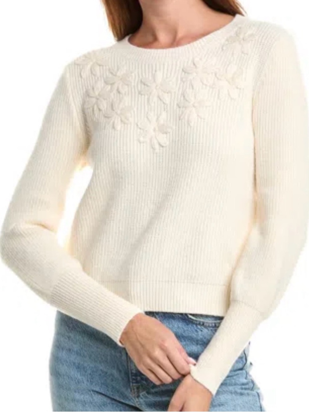 Saks Fifth Avenue Ivory Floral Appliqué Ribbed Crewneck Sweater Medium